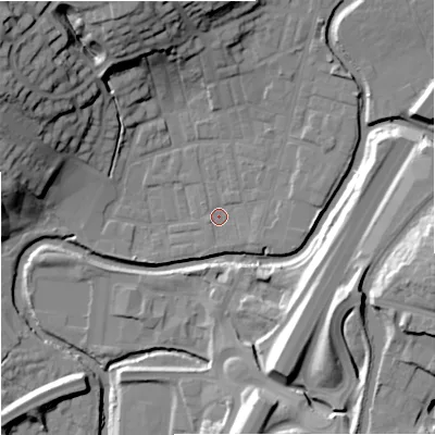 Shaded relief map of the ground around BB98NZ, computed from Environment Agency LiDAR. The ground here sits at about 116 m above sea level and falls 31 m across the surrounding 800 m. Surface water reaching this point runs off ground lying to the south-east, 2.0 m higher.