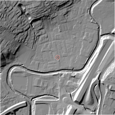 Shaded relief map of the ground around BB98PA, computed from Environment Agency LiDAR. The ground here sits at about 116 m above sea level and falls 33 m across the surrounding 800 m. Surface water reaching this point runs off ground lying to the south-east, 2.0 m higher.