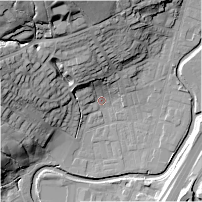 Shaded relief map of the ground around BB98PB, computed from Environment Agency LiDAR. The ground here sits at about 117 m above sea level and falls 48 m across the surrounding 800 m. Surface water reaching this point runs off ground lying to the north-north-west, 19.7 m higher.
