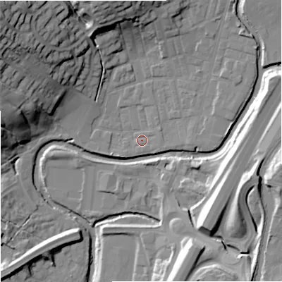 Shaded relief map of the ground around BB98PD, computed from Environment Agency LiDAR. The ground here sits at about 115 m above sea level and falls 36 m across the surrounding 800 m. Surface water reaching this point runs off ground lying to the east-south-east, 1.5 m higher.