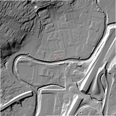 Shaded relief map of the ground around BB98PE, computed from Environment Agency LiDAR. The ground here sits at about 116 m above sea level and falls 36 m across the surrounding 800 m. Surface water reaching this point runs off ground lying to the east-north-east, 0.9 m higher.