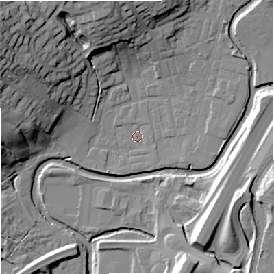 Shaded relief map of the ground around BB98PF, computed from Environment Agency LiDAR. The ground here sits at about 115 m above sea level and falls 37 m across the surrounding 800 m. Surface water reaching this point runs off ground lying to the south-west, 1.9 m higher.