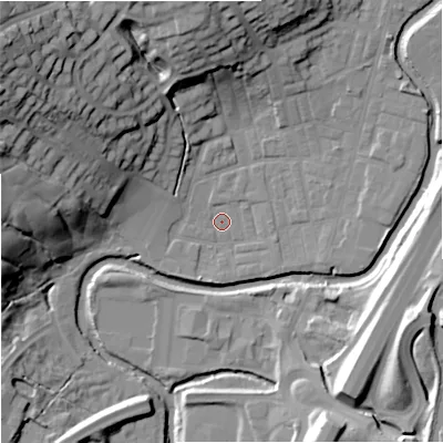 Shaded relief map of the ground around BB98PG, computed from Environment Agency LiDAR. The ground here sits at about 115 m above sea level and falls 40 m across the surrounding 800 m. Surface water reaching this point runs off ground lying to the south-south-west, 1.9 m higher.