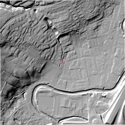 Shaded relief map of the ground around BB98PH, computed from Environment Agency LiDAR. The ground here sits at about 116 m above sea level and falls 45 m across the surrounding 800 m. Surface water reaching this point runs off ground lying to the west-north-west, 39.6 m higher.