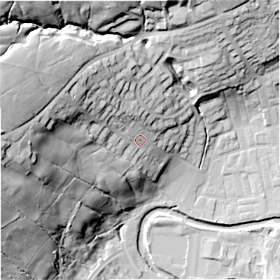 Shaded relief map of the ground around BB98PL, computed from Environment Agency LiDAR. The ground here sits at about 131 m above sea level and falls 59 m across the surrounding 800 m. Surface water reaching this point runs off ground lying to the west-north-west, 24.9 m higher.