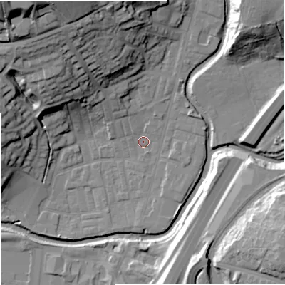 Shaded relief map of the ground around BB98PP, computed from Environment Agency LiDAR. The ground here sits at about 117 m above sea level and falls 41 m across the surrounding 800 m. Surface water reaching this point runs off ground lying to the north-north-west, 24.2 m higher.
