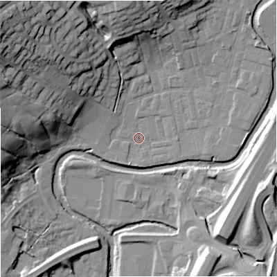 Shaded relief map of the ground around BB98PQ, computed from Environment Agency LiDAR. The ground here sits at about 115 m above sea level and falls 42 m across the surrounding 800 m. Surface water reaching this point runs off ground lying to the south-south-west, 1.9 m higher.