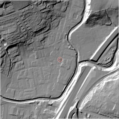 Shaded relief map of the ground around BB98PR, computed from Environment Agency LiDAR. The ground here sits at about 117 m above sea level and falls 39 m across the surrounding 800 m. Surface water reaching this point runs off ground lying to the north-west, 34.1 m higher.