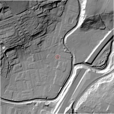 Shaded relief map of the ground around BB98PT, computed from Environment Agency LiDAR. The ground here sits at about 117 m above sea level and falls 42 m across the surrounding 800 m. Surface water reaching this point runs off ground lying to the north-west, 37.5 m higher.