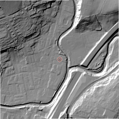 Shaded relief map of the ground around BB98PU, computed from Environment Agency LiDAR. The ground here sits at about 118 m above sea level and falls 39 m across the surrounding 800 m. Surface water reaching this point runs off ground lying to the north-north-east, 1.5 m higher.