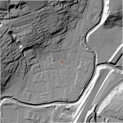 Shaded relief map of the ground around BB98PW, computed from Environment Agency LiDAR. The ground here sits at about 117 m above sea level and falls 43 m across the surrounding 800 m. Surface water reaching this point runs off ground lying to the north-north-west, 6.2 m higher.