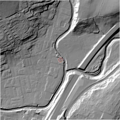 Shaded relief map of the ground around BB98PX, computed from Environment Agency LiDAR. The ground here sits at about 118 m above sea level and falls 39 m across the surrounding 800 m. Surface water reaching this point runs off ground lying to the north-north-east, 20.2 m higher.