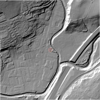 Shaded relief map of the ground around BB98PY, computed from Environment Agency LiDAR. The ground here sits at about 118 m above sea level and falls 44 m across the surrounding 800 m. Surface water reaching this point runs off ground lying to the east-south-east, 1.7 m higher.