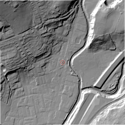 Shaded relief map of the ground around BB98PZ, computed from Environment Agency LiDAR. The ground here sits at about 119 m above sea level and falls 51 m across the surrounding 800 m. Surface water reaching this point runs off ground lying to the north-west, 46.1 m higher.