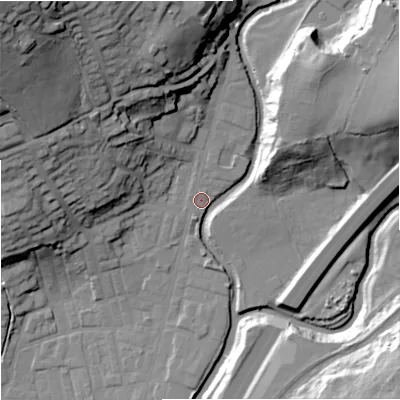 Shaded relief map of the ground around BB98QA, computed from Environment Agency LiDAR. The ground here sits at about 119 m above sea level and falls 51 m across the surrounding 800 m. Surface water reaching this point runs off ground lying to the north-north-west, 32.0 m higher.