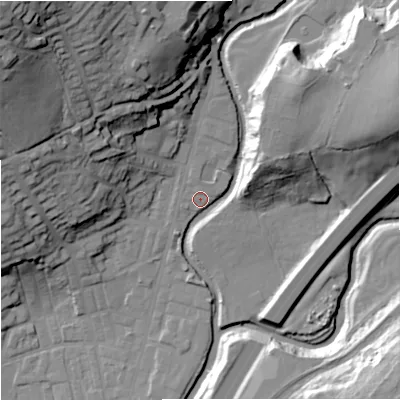Shaded relief map of the ground around BB98QB, computed from Environment Agency LiDAR. The ground here sits at about 120 m above sea level and falls 50 m across the surrounding 800 m. Surface water reaching this point runs off ground lying to the north-north-west, 1.4 m higher.