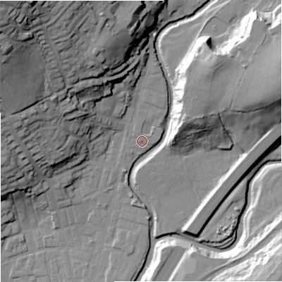 Shaded relief map of the ground around BB98QD, computed from Environment Agency LiDAR. The ground here sits at about 120 m above sea level and falls 51 m across the surrounding 800 m. Surface water reaching this point runs off ground lying to the north-north-west, 1.2 m higher.