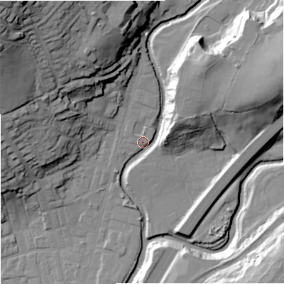 Shaded relief map of the ground around BB98QE, computed from Environment Agency LiDAR. The ground here sits at about 120 m above sea level and falls 50 m across the surrounding 800 m. Surface water reaching this point runs off ground lying to the north-north-west, 34.0 m higher.