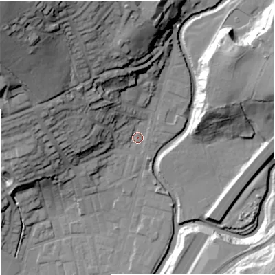 Shaded relief map of the ground around BB98QG, computed from Environment Agency LiDAR. The ground here sits at about 119 m above sea level and falls 56 m across the surrounding 800 m. Surface water reaching this point runs off ground lying to the north-west, 51.5 m higher.