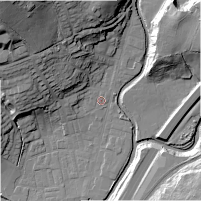 Shaded relief map of the ground around BB98QH, computed from Environment Agency LiDAR. The ground here sits at about 119 m above sea level and falls 52 m across the surrounding 800 m. Surface water reaching this point runs off ground lying to the north-west, 21.6 m higher.