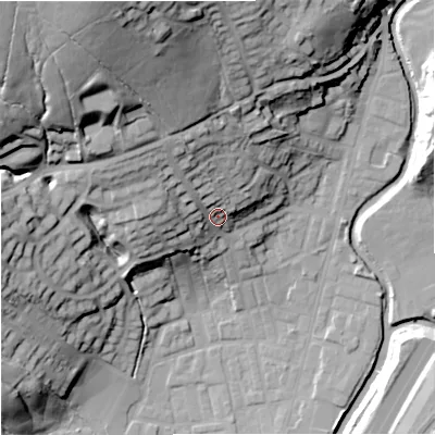 Shaded relief map of the ground around BB98QJ, computed from Environment Agency LiDAR. The ground here sits at about 128 m above sea level and falls 53 m across the surrounding 800 m. Surface water reaching this point runs off ground lying to the north-west, 16.3 m higher.