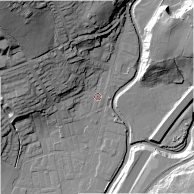 Shaded relief map of the ground around BB98QQ, computed from Environment Agency LiDAR. The ground here sits at about 119 m above sea level and falls 53 m across the surrounding 800 m. Surface water reaching this point runs off ground lying to the west-north-west, 20.9 m higher.
