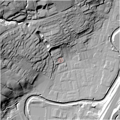 Shaded relief map of the ground around BB98QU, computed from Environment Agency LiDAR. The ground here sits at about 117 m above sea level and falls 48 m across the surrounding 800 m. Surface water reaching this point runs off ground lying to the north-north-west, 13.3 m higher.