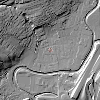 Shaded relief map of the ground around BB98RB, computed from Environment Agency LiDAR. The ground here sits at about 116 m above sea level and falls 38 m across the surrounding 800 m. Surface water reaching this point runs off ground lying to the north, 24.4 m higher.