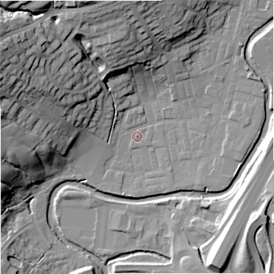 Shaded relief map of the ground around BB98RD, computed from Environment Agency LiDAR. The ground here sits at about 116 m above sea level and falls 40 m across the surrounding 800 m. Surface water reaching this point runs off ground lying to the west-north-west, 35.2 m higher.