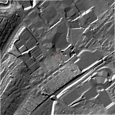 Shaded relief map of the ground around BB98RS, computed from Environment Agency LiDAR. The ground here sits at about 140 m above sea level and falls 47 m across the surrounding 800 m. Surface water reaching this point runs off ground lying to the south-south-east, 5.9 m higher.