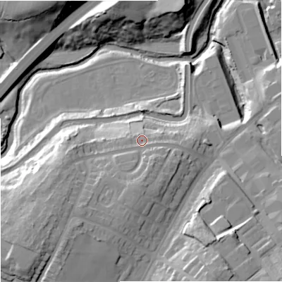 Shaded relief map of the ground around BB98SJ, computed from Environment Agency LiDAR. The ground here sits at about 135 m above sea level and falls 30 m across the surrounding 800 m. Surface water reaching this point runs off ground lying to the south, 4.4 m higher.