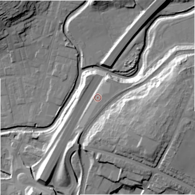 Shaded relief map of the ground around BB98TU, computed from Environment Agency LiDAR. The ground here sits at about 127 m above sea level and falls 31 m across the surrounding 800 m. Surface water reaching this point runs off ground lying to the south-south-west, 9.1 m higher.