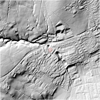 Shaded relief map of the ground around BB98TW, computed from Environment Agency LiDAR. The ground here sits at about 136 m above sea level and falls 71 m across the surrounding 800 m. Surface water reaching this point runs off ground lying to the north-west, 54.3 m higher.