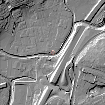 Shaded relief map of the ground around BB98TZ, computed from Environment Agency LiDAR. The ground here sits at about 117 m above sea level and falls 31 m across the surrounding 800 m. Surface water reaching this point runs off ground lying to the east-south-east, 18.7 m higher.