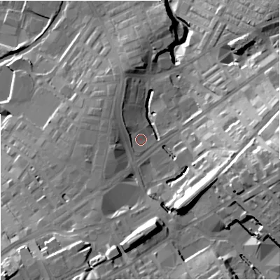 Shaded relief map of the ground around BB99AD, computed from Environment Agency LiDAR. The ground here sits at about 134 m above sea level and falls 36 m across the surrounding 800 m. Surface water reaching this point runs off ground lying to the west-north-west, 3.2 m higher.