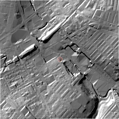 Shaded relief map of the ground around BB99BD, computed from Environment Agency LiDAR. The ground here sits at about 141 m above sea level and falls 51 m across the surrounding 800 m. Surface water reaching this point runs off ground lying to the south, 33.4 m higher.