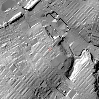Shaded relief map of the ground around BB99DJ, computed from Environment Agency LiDAR. The ground here sits at about 157 m above sea level and falls 61 m across the surrounding 800 m. Surface water reaching this point runs off ground lying to the south-south-west, 18.6 m higher.