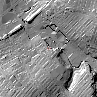 Shaded relief map of the ground around BB99DN, computed from Environment Agency LiDAR. The ground here sits at about 148 m above sea level and falls 56 m across the surrounding 800 m. Surface water reaching this point runs off ground lying to the south, 15.1 m higher.