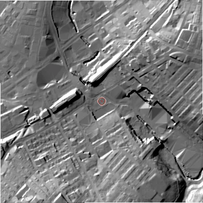 Shaded relief map of the ground around BB99PS, computed from Environment Agency LiDAR. The ground here sits at about 139 m above sea level and falls 47 m across the surrounding 800 m. Surface water reaching this point runs off ground lying to the south-south-west, 38.0 m higher.