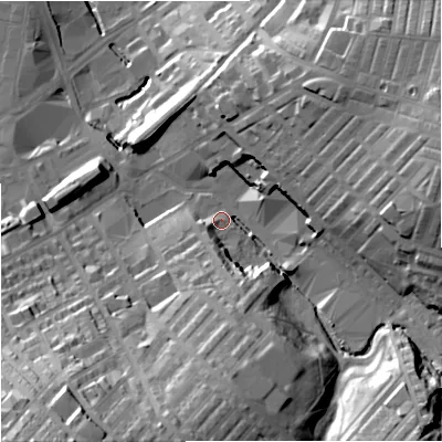 Shaded relief map of the ground around BB99PU, computed from Environment Agency LiDAR. The ground here sits at about 141 m above sea level and falls 52 m across the surrounding 800 m. Surface water reaching this point runs off ground lying to the south, 34.7 m higher.