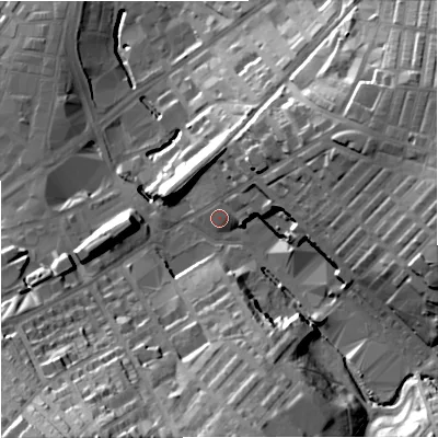 Shaded relief map of the ground around BB99PX, computed from Environment Agency LiDAR. The ground here sits at about 141 m above sea level and falls 44 m across the surrounding 800 m. Surface water reaching this point runs off ground lying to the east-north-east, 23.0 m higher.