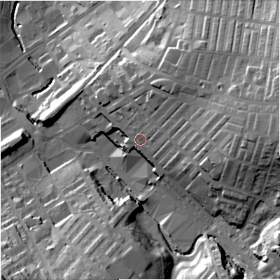 Shaded relief map of the ground around BB99QA, computed from Environment Agency LiDAR. The ground here sits at about 151 m above sea level and falls 47 m across the surrounding 800 m. Surface water reaching this point runs off ground lying to the east-north-east, 20.4 m higher.