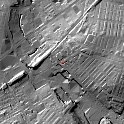 Shaded relief map of the ground around BB99QL, computed from Environment Agency LiDAR. The ground here sits at about 151 m above sea level and falls 45 m across the surrounding 800 m. Surface water reaching this point runs off ground lying to the east-north-east, 15.0 m higher.
