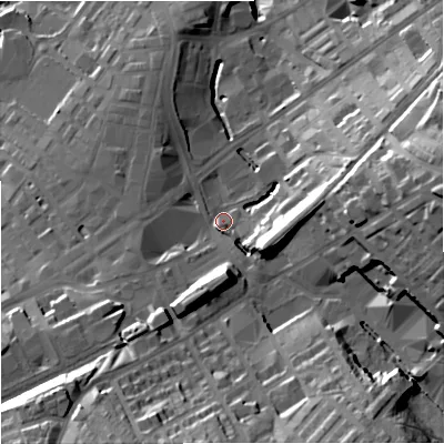 Shaded relief map of the ground around BB99SN, computed from Environment Agency LiDAR. The ground here sits at about 136 m above sea level and falls 36 m across the surrounding 800 m. Surface water reaching this point runs off ground lying to the south-south-west, 27.3 m higher.