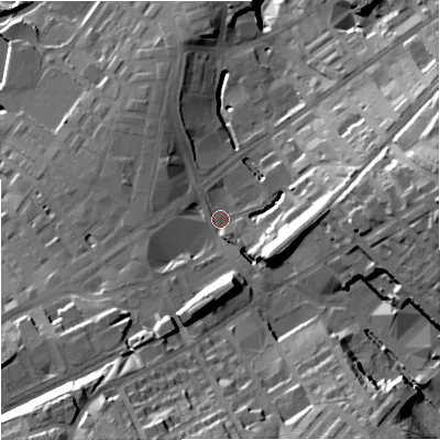 Shaded relief map of the ground around BB99SS, computed from Environment Agency LiDAR. The ground here sits at about 135 m above sea level and falls 36 m across the surrounding 800 m. Surface water reaching this point runs off ground lying to the east, 26.6 m higher.