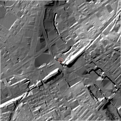Shaded relief map of the ground around BB99SW, computed from Environment Agency LiDAR. The ground here sits at about 136 m above sea level and falls 37 m across the surrounding 800 m. Surface water reaching this point runs off ground lying to the south-south-west, 29.0 m higher.
