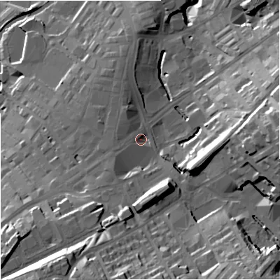 Shaded relief map of the ground around BB99SZ, computed from Environment Agency LiDAR. The ground here sits at about 136 m above sea level and falls 34 m across the surrounding 800 m. Surface water reaching this point runs off ground lying to the south-south-west, 24.4 m higher.
