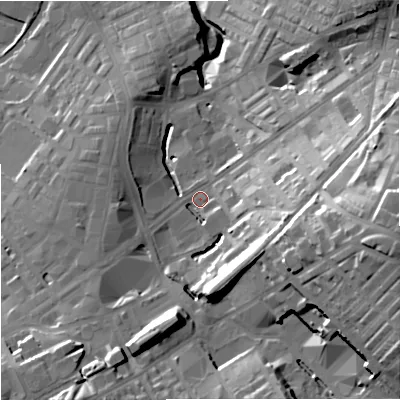 Shaded relief map of the ground around BB99TD, computed from Environment Agency LiDAR. The ground here sits at about 133 m above sea level and falls 39 m across the surrounding 800 m. Surface water reaching this point runs off ground lying to the east, 31.2 m higher.