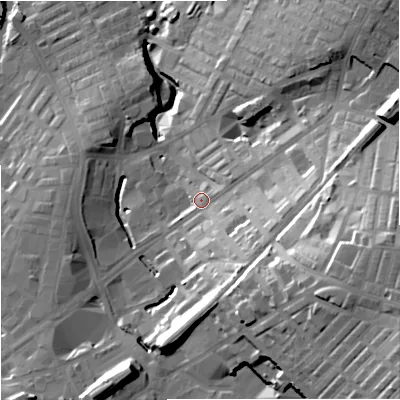Shaded relief map of the ground around BB99TG, computed from Environment Agency LiDAR. The ground here sits at about 135 m above sea level and falls 42 m across the surrounding 800 m. Surface water reaching this point runs off ground lying to the east-south-east, 28.9 m higher.