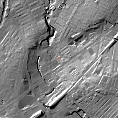 Shaded relief map of the ground around BB99TL, computed from Environment Agency LiDAR. The ground here sits at about 133 m above sea level and falls 42 m across the surrounding 800 m. Surface water reaching this point runs off ground lying to the east-south-east, 4.9 m higher.
